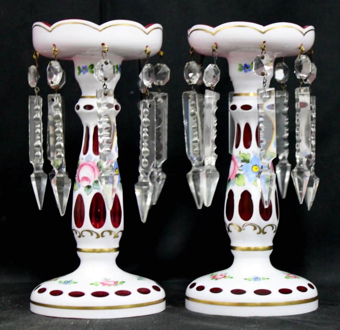 Pair of Bohemian Cut-to-Clear Glass Lusters with Crystal Prisms (1 of 6)