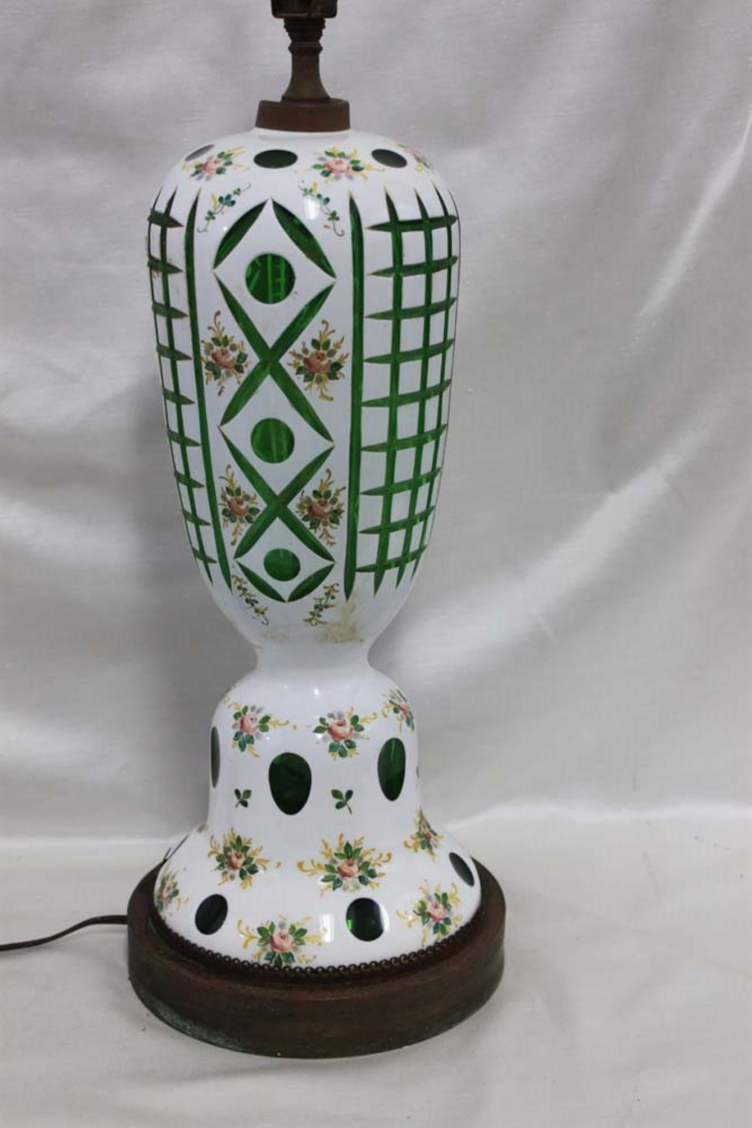Antique Bohemian White Opaline Glass Table Lamp with Green Overlay: Antique Bohemian White Opaline Glass Table Lamp with Green Overlay and Floral Enamel Decoration An elegant antique table lamp featuring a tall white opaline glass body richly decorated with emerald-gr