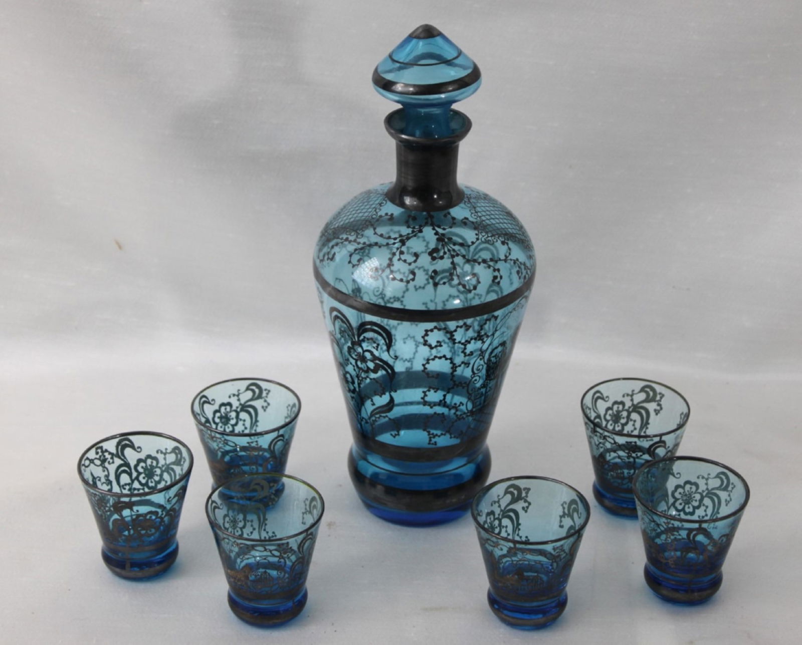 Fine Blue Glass Decanter Set with Enamel Decoration (1 of 3)