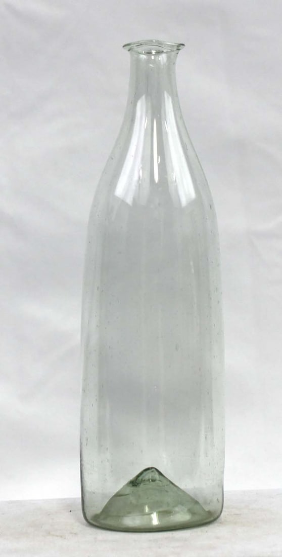 18th Century Hand-Blown Clear Glass Bottle: 18th Century Hand-Blown Clear Glass Bottle Blown clear glass bottle with slight olive/gray tint, featuring a tall tapered neck with tooled flared lip and a deep conical push-up (kick-up) base consiste