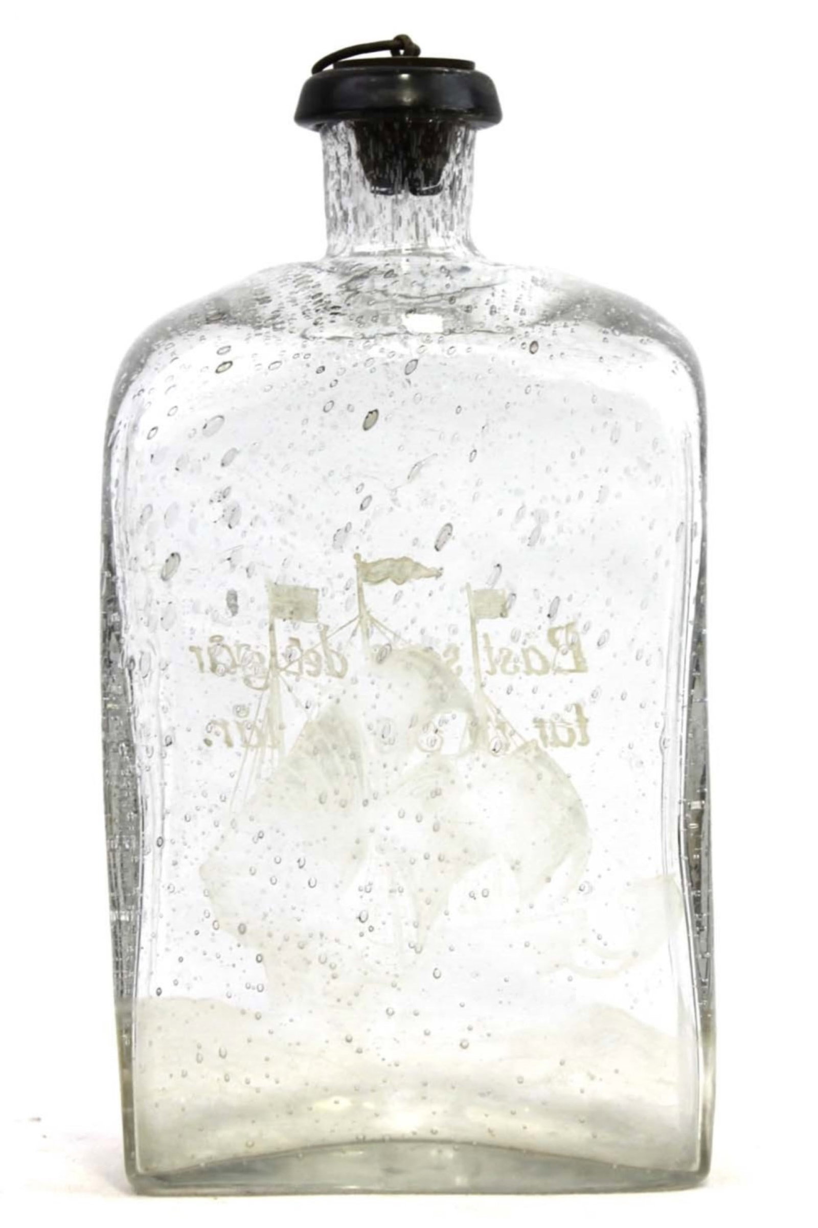 Early Hand-Blown Glass Bottle with Metal Stopper (Continental), late 18th-early 19th century: Early Hand-Blown Glass Bottle with Metal Stopper (Continental), late 18th-early 19th century Hand-blown clear glass bottle of rectangular form with rounded shoulders and short neck, the body showing a