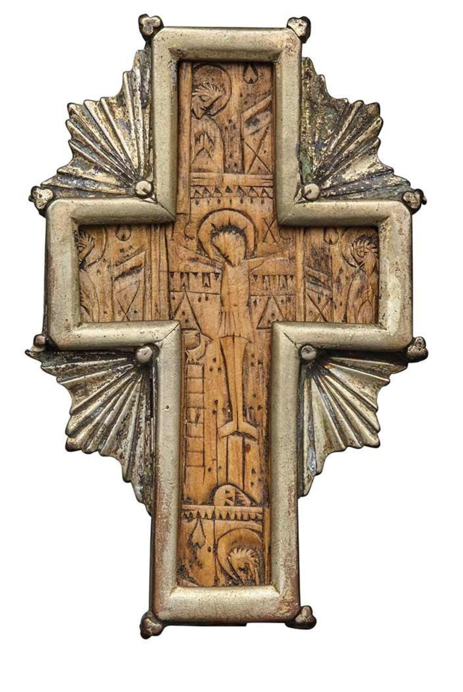 15th-16th C. Eastern Orthodox Carved Wooden Cross in Silvered Metal Mount (1 of 8)