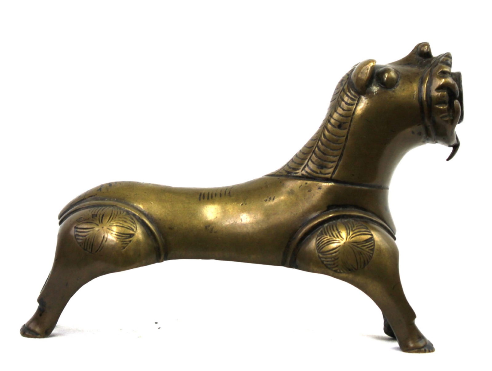 14th-15th Century Indian Islamic Bronze (or Brass) Lion Figure, Deccan Region: Indian Islamic Bronze (or Brass) Lion Figure, Deccan Region, 14th-15th Century Cast bronze (or brass) lion presented in a stylized, low-slung stance, the mane modeled in relief and the body embellishe