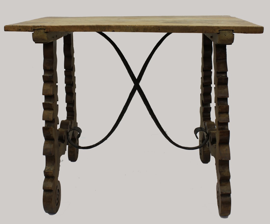 Spanish Baroque Walnut Console Table with Wrought-Iron X-Stretcher (1 of 4)