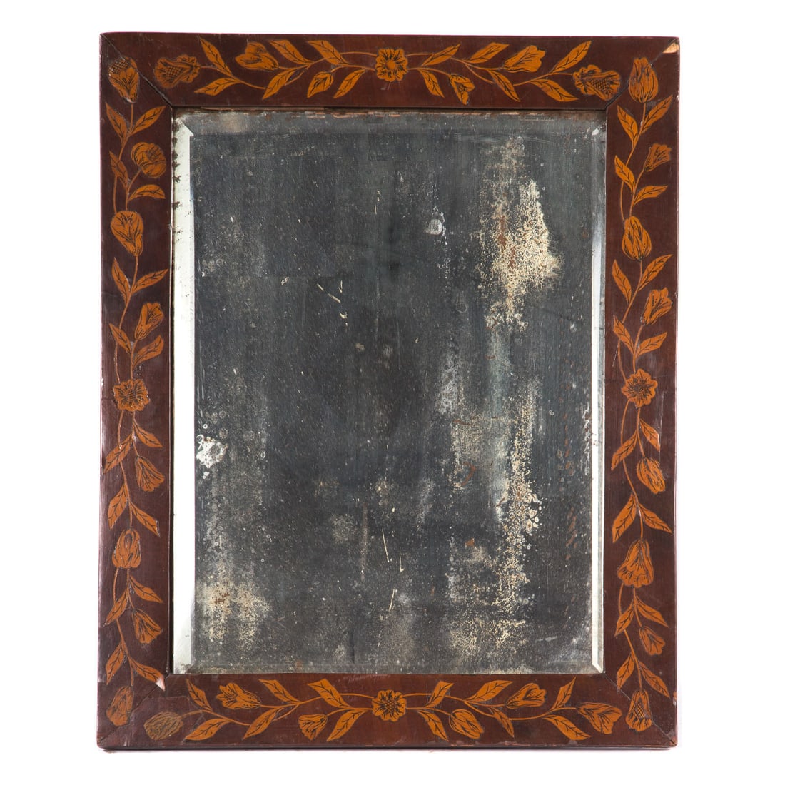 Circa 1820-1840 Biedermeier Period German Inlaid Wood Mirror: Biedermeier Period German Inlaid Wood Mirror, circa 1820-1840 Rectangular wall mirror housed in a dark-veneered wooden frame finely inlaid with a continuous floral-and-foliate vine border, the corners