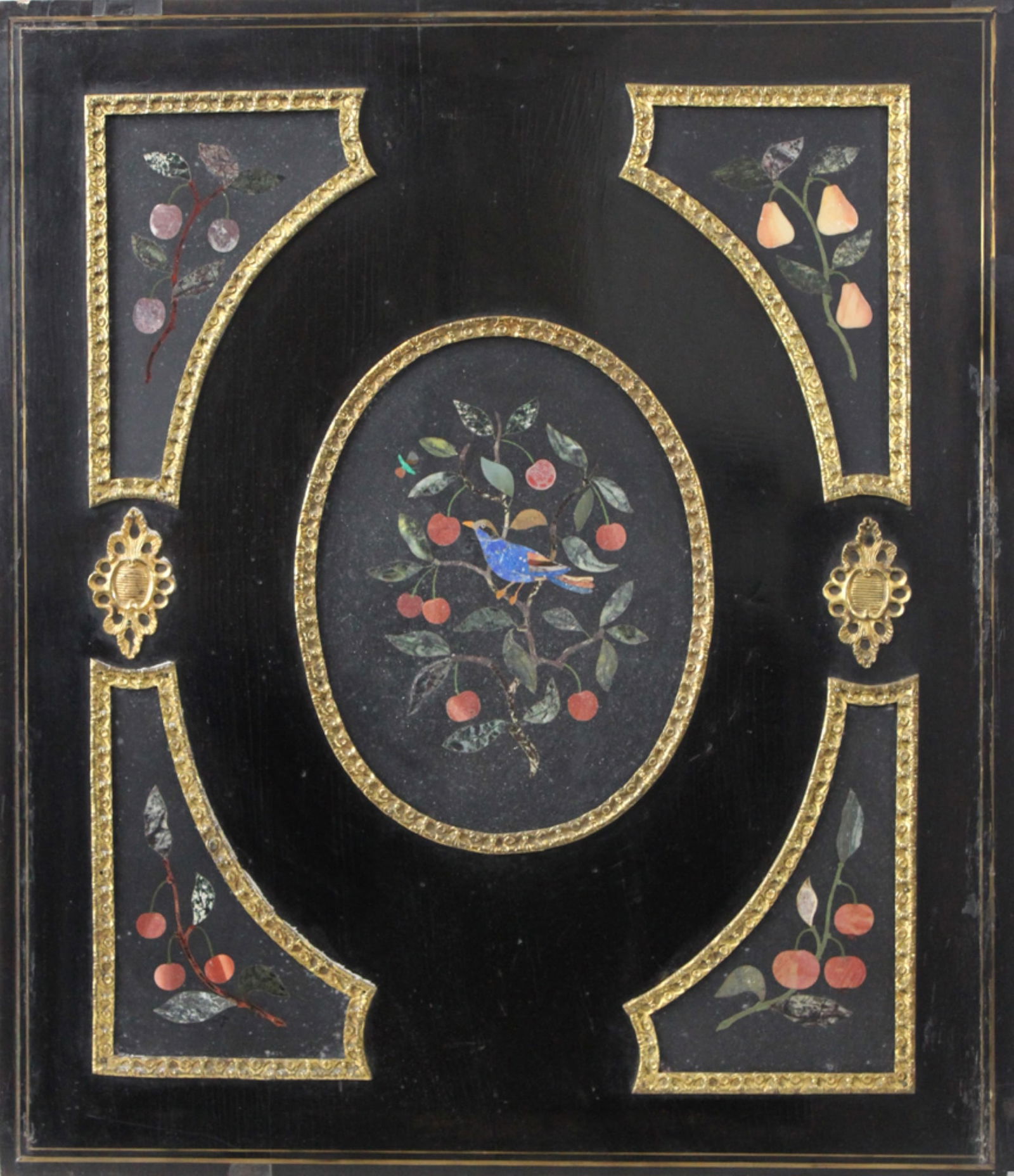 Fine 19th Century Italian Pietra Dura Plaque with Fruit and Bird Motif: Fine 19th Century Italian Pietra Dura Plaque with Fruit and Bird Motif A striking 19th century Italian pietra dura plaque of rectangular form, finely inlaid with a central oval scene of a vibrant