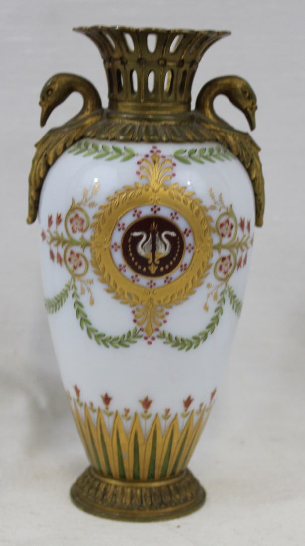 French Empire Revival Gilt Bronze-Mounted Opaline Vase, Late 19th Century: French Empire Revival Gilt Bronze-Mounted Opaline Vase, Late 19th Century An elegant French Empire Revival vase featuring swan-form gilt bronze handles and pierced bronze collar. The body is crafted f
