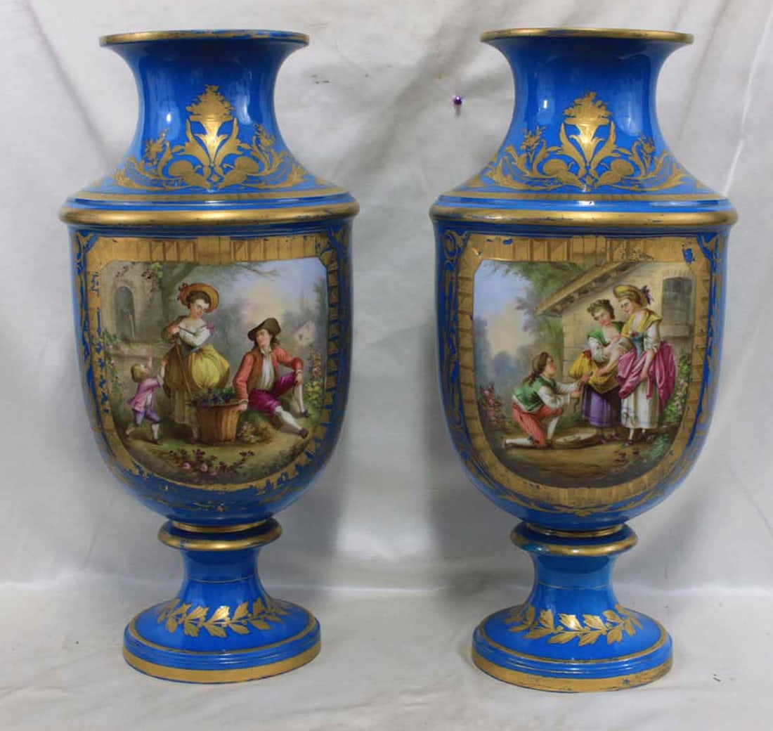 Pair of Large Sevres-Style Hand-Painted Porcelain Vases, circa 1880-1910: Pair of Large Sevres-Style Hand-Painted Porcelain Vases, circa 1880-1910 Magnificent pair of large hand-painted porcelain vases in the Sevres style, each decorated with finely detailed romantic figura