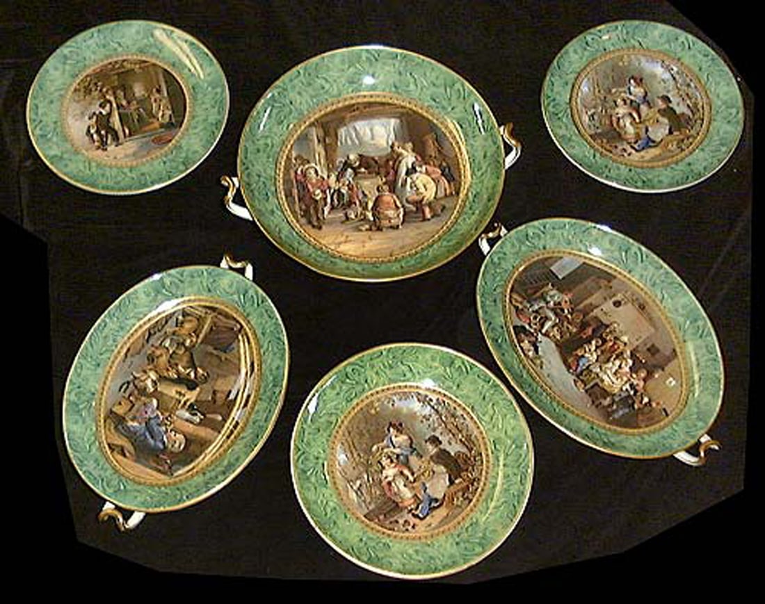 Set of Six Hand Painted Porcelain Plates and Dishes with Malachite Borders (1 of 6)
