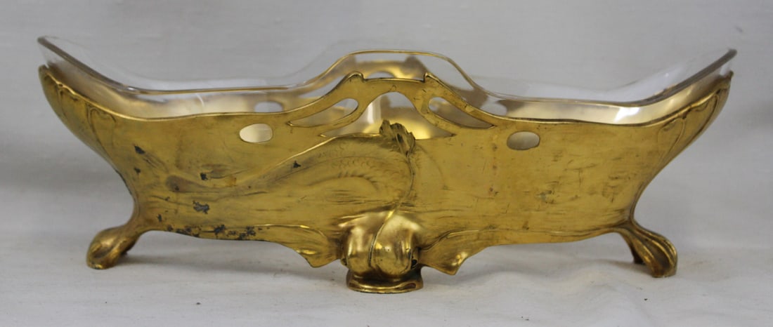 Friedrich Adler (German, 1878-1942) - Art Nouveau Gilt Metal and Glass Centerpiece: Friedrich Adler (German, 1878-1942) - Art Nouveau Gilt Metal and Glass Centerpiece An Art Nouveau gilt metal and glass centerpiece designed by Friedrich Adler, featuring a sinuous organic form with st