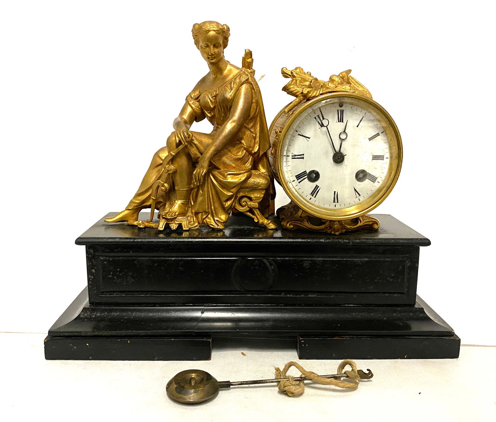 French Empire Style Gilt Spelter and Black Marble Mantel Clock (1 of 6)