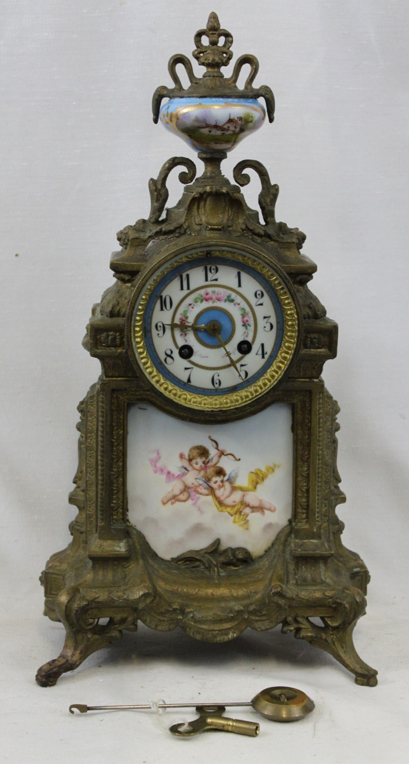 French Gilt Metal and Porcelain Mantel Clock with Cherub Scene (1 of 5)