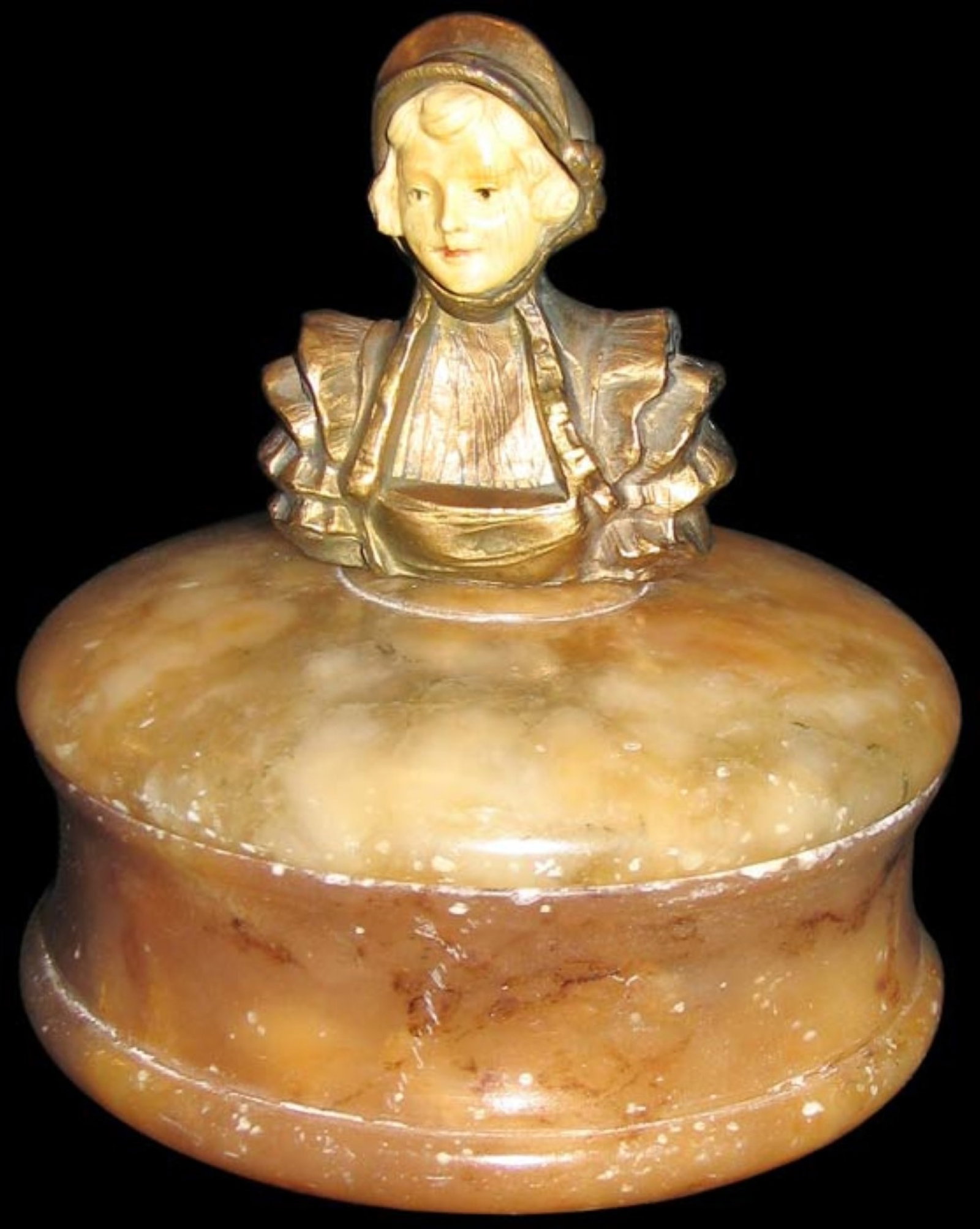 Marble Dresser Box with Bronze Bust and Bone Fac: Marble Dresser Box with Bronze Bust and Bone Face Of circular form, the domed lid surmounted by a finely detailed bronze bust of a young woman wearing a bonnet, with hand-carved bone face. The body an