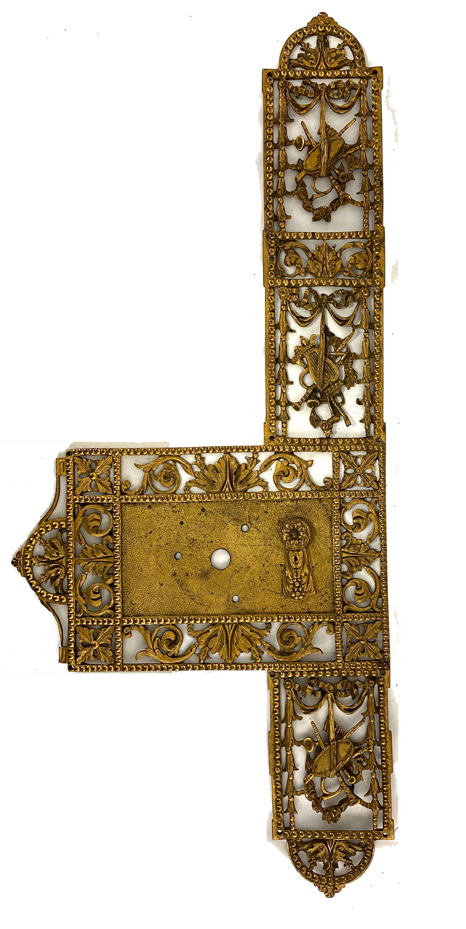 Neoclassical Gilt Bronze Escutcheon Plate, 19th Century: Neoclassical Gilt Bronze Escutcheon Plate, 19th Century An elaborate and finely cast Neoclassical gilt bronze door escutcheon plate, with openwork detailing of military trophies, laurel swags, anthemi