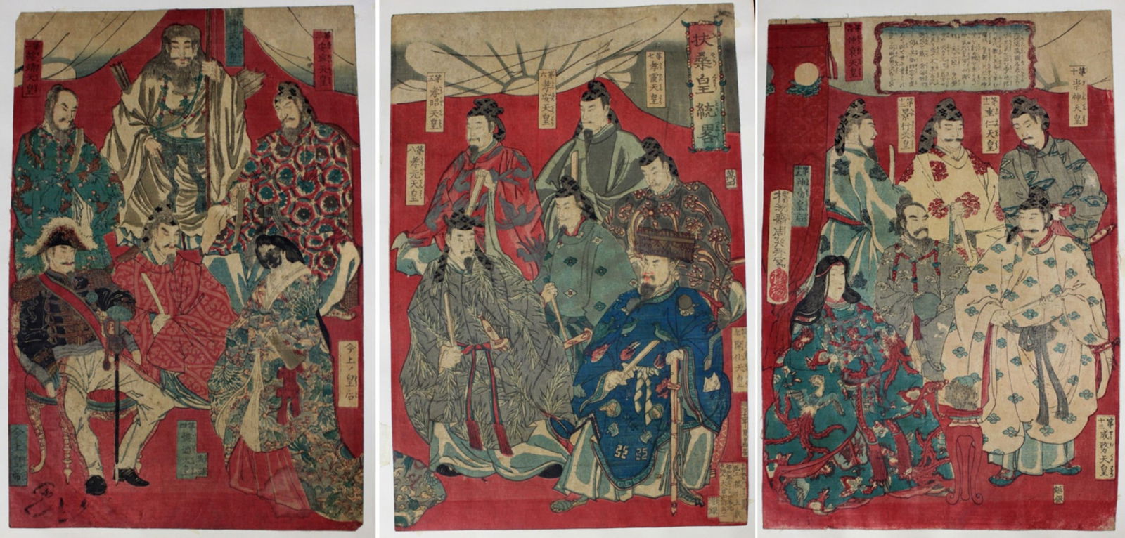 Japanese Woodblock Triptych Depicting Emperors and Foreign Dignitary, Late Edo to Meiji Period: Japanese Woodblock Triptych Depicting Emperors and Foreign Dignitary, Late Edo to Meiji Period A hand-colored Japanese woodblock print triptych depicting a historical or allegorical assembly of empero