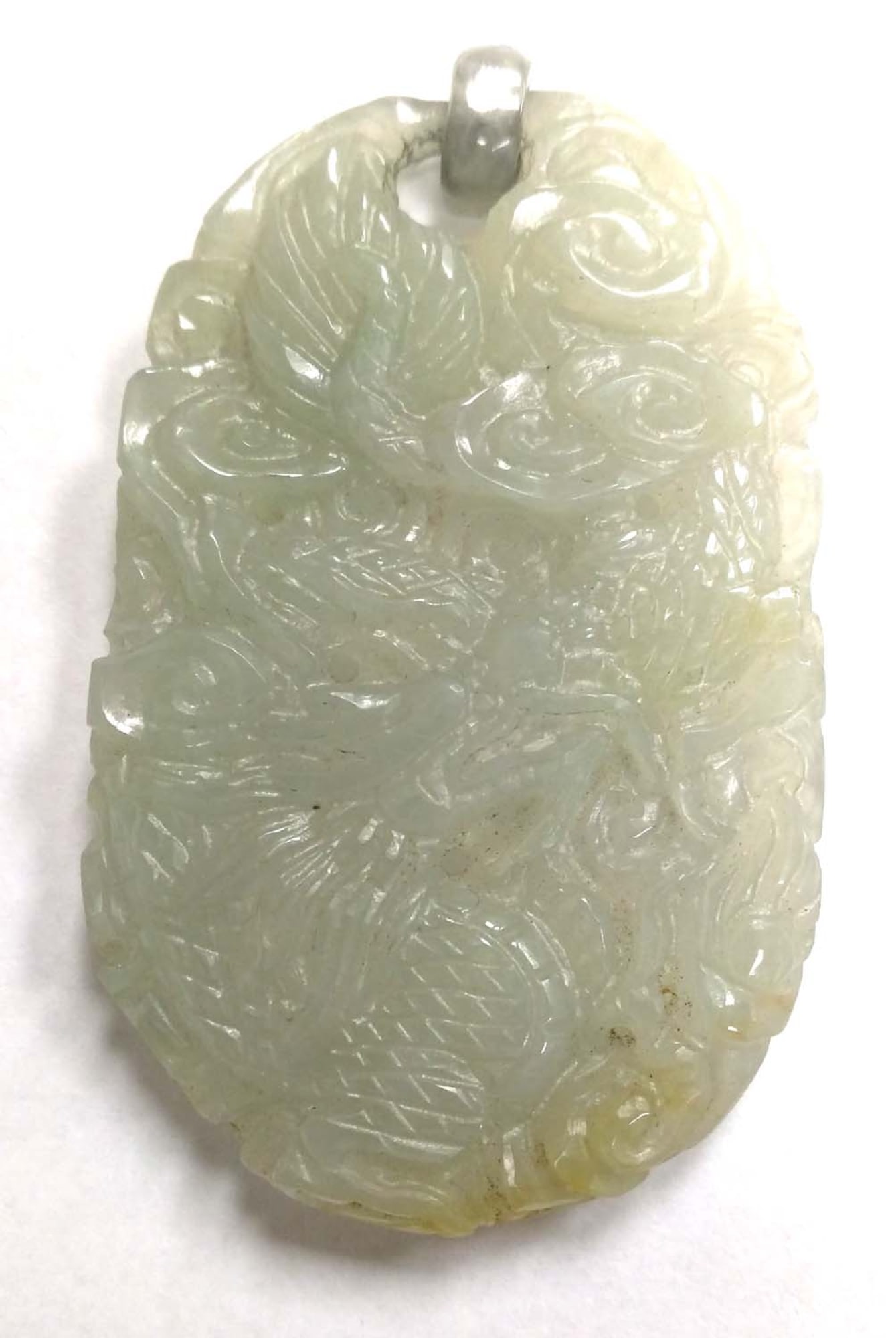 Chinese Pale Celadon Jade Pendant Plaque, Carved Phoenix and Clouds (1 of 3)