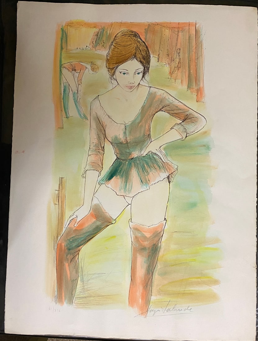 J. Jalande, Hand-Colored Lithograph of a Dancer, Numbered 61/275: J. Jalande, Hand-Colored Lithograph of a Dancer, Numbered 61/275 J. Jalande (20th Century) Dancer in Stage Costume Hand-colored lithograph on paper A graceful image of a young female danc