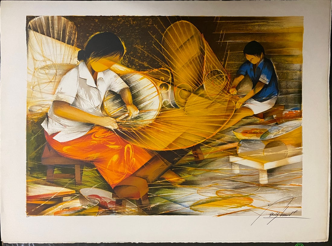 Raymond Poulet, Signed Artist's Proof Lithograph "Basket Weavers": Raymond Poulet, Signed Artist's Proof Lithograph "Basket Weavers" Raymond Poulet (French, b. 1934) Basket Weavers Hand-colored lithograph on paper A dynamic and color-saturated compositio