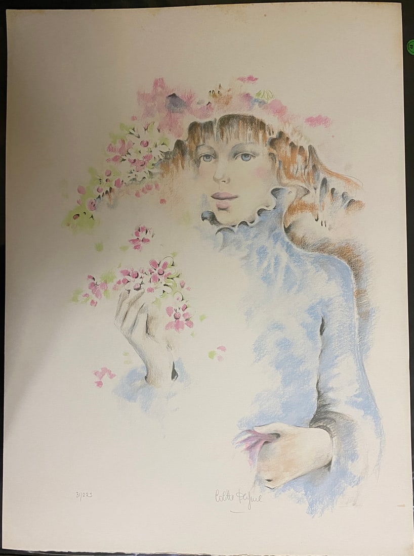 Colette Pujol, Signed Lithograph of a Woman with Flowers, Numbered 31/225: Colette Pujol, Signed Lithograph of a Woman with Flowers, Numbered 31/225 Colette Pujol (French, 20th Century) Floral Reverie Hand-colored lithograph on paper A soft and poetic compositio