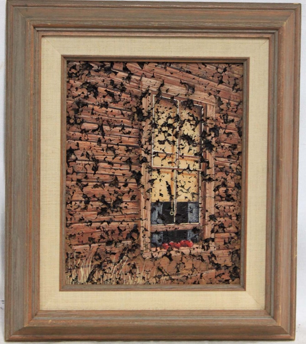 Rustic Window Scene - Oil on Cork: Rustic Window Scene - Oil on Cork Oil on cork board Possibly signed faintly lower left A beautifully textured painting depicting the side of a rustic cabin with a detailed window scene - yellowed