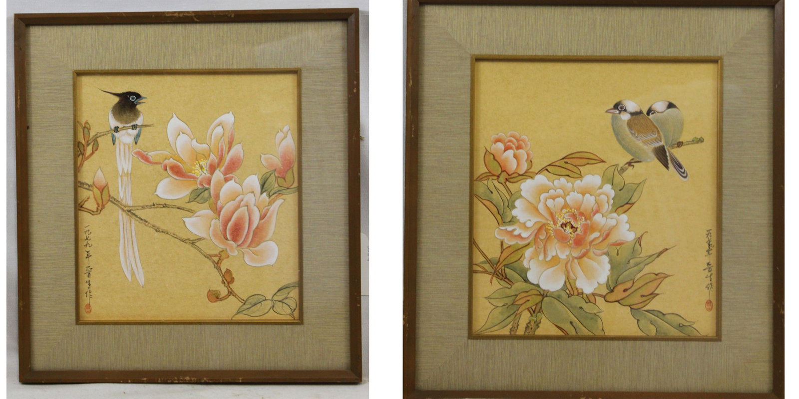 Pair of Chinese Bird and Flower Paintings on Cardboard: Pair of Chinese Bird and Flower Paintings on Cardboard Watercolor or gouache on board Signed with calligraphy and red artist seal Dated: Republic Year 79 (1990) A decorative pair of hand-painted Chine