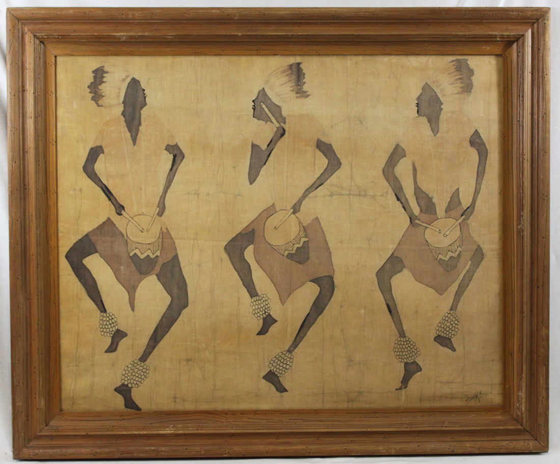 Sallie K - African Dance Scene, 1976: Sallie K - African Dance Scene, 1976 Ink and natural pigment on fabric Signed and dated lower right: "Sallie K, '76" This bold and rhythmic painting by Sallie K, dated 1976, depicts three stylized