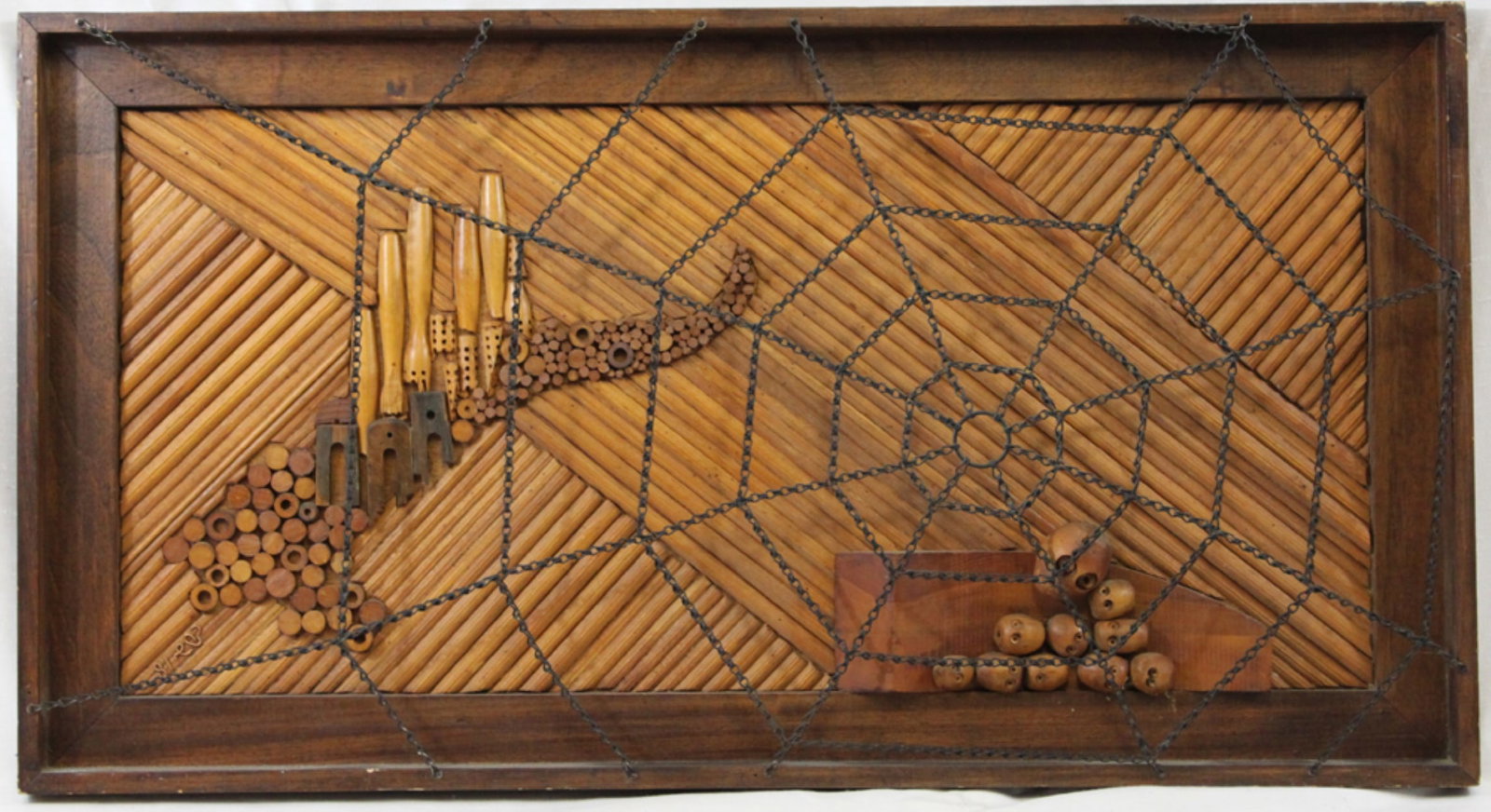 S. Levi - Mixed Media Assemblage with Chain Web, 1981: S. Levi - Mixed Media Assemblage with Chain Web, 1981 Mixed media on wood panel Signed lower left in wire: "S. Levi '81" Hebrew inscription on reverse This powerful mixed media wall sculpture by Israe