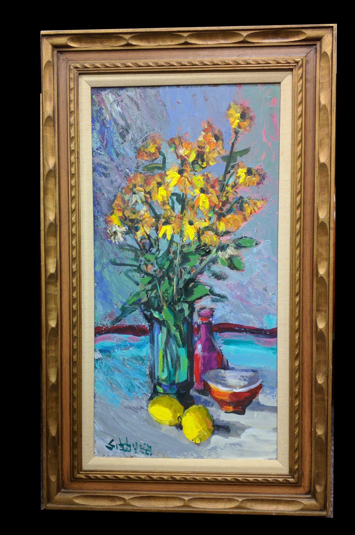 Still Life Oil Painting Signed Sibbyua: Still Life Oil Painting Signed Sibbyua Oil on canvas still life painting featuring a vivid bouquet of yellow flowers in a tall glass vase, accompanied by two lemons, a red bottle, and a ceramic bowl.