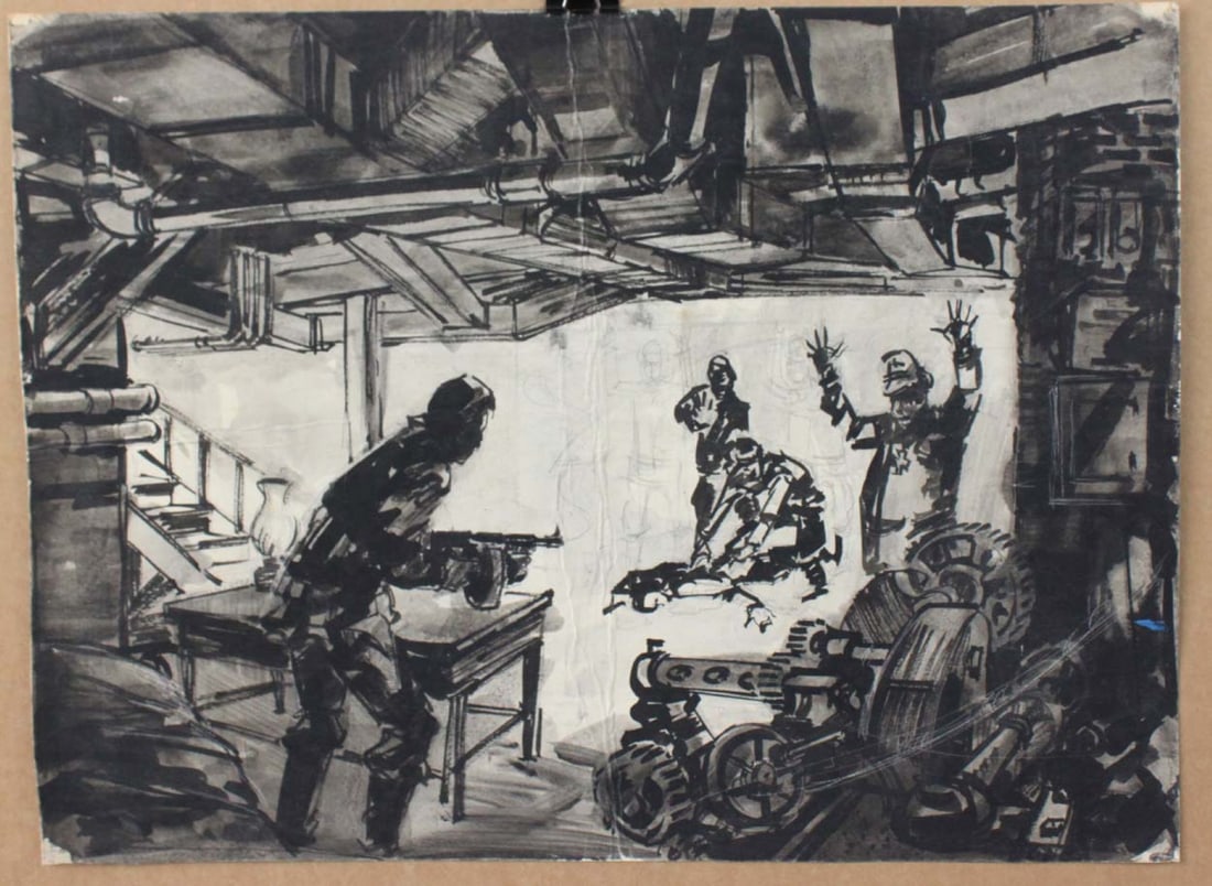 Conflict Scene Drawing by Maren Larsen: Conflict Scene Drawing by Maren Larsen Signed on the lower right-hand corner. A dramatic ink and graphite drawing depicting an intense interior scene: a figure armed with a submachine gun confronts a