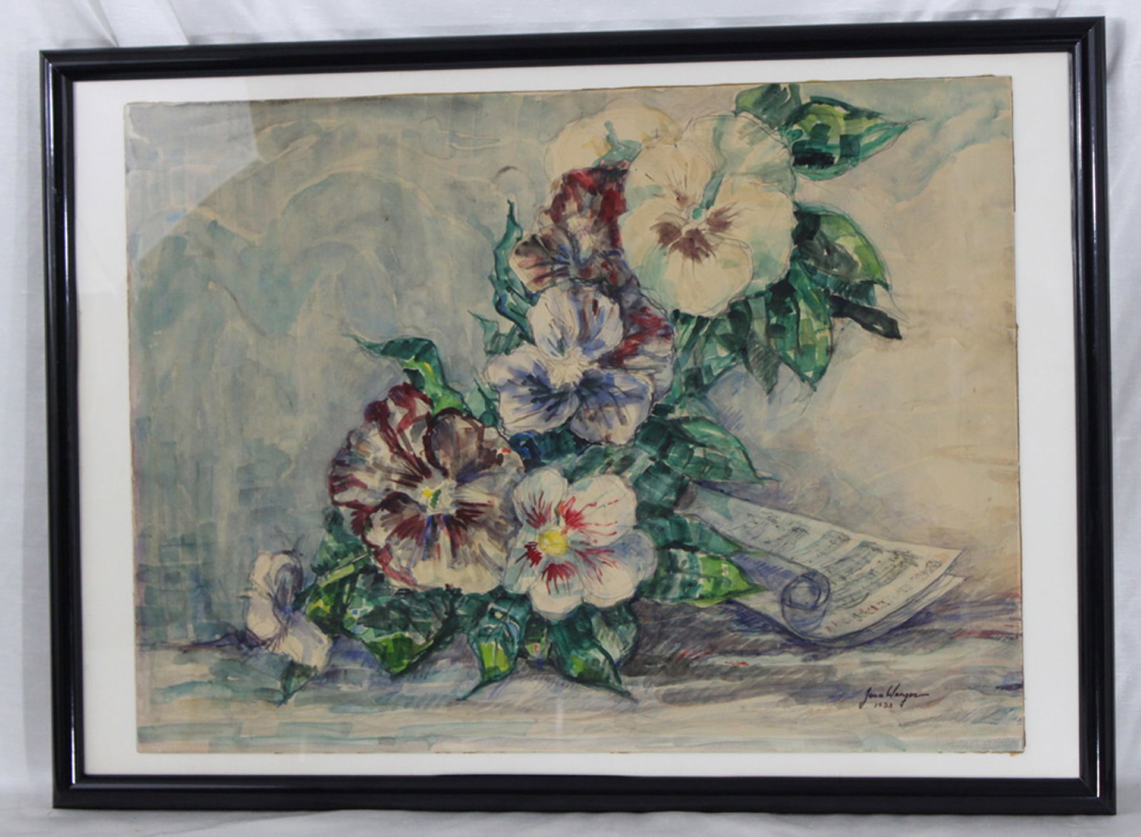 John Wenger (American/Russian, 1891-1976): John Wenger (American/Russian, 1891-1976) Still Life with Pansies and Sheet Music, 1933 Original watercolor on paper by John Wenger, dated 1933. The composition features a richly colored bouquet of pa