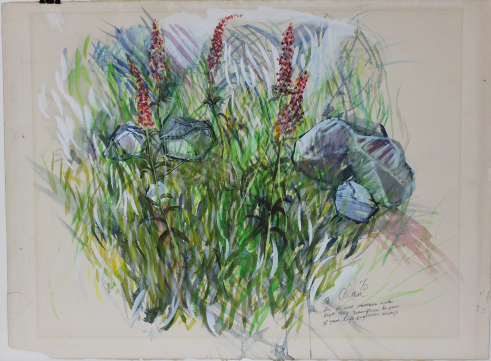 Alan Fishman (American, b. 20th Century): Alan Fishman (American, b. 20th Century) Still Life in Grass, 1970 Original watercolor on paper by American artist Alan Fishman, dated 1970. This vibrant composition captures the spontaneity of wildfl