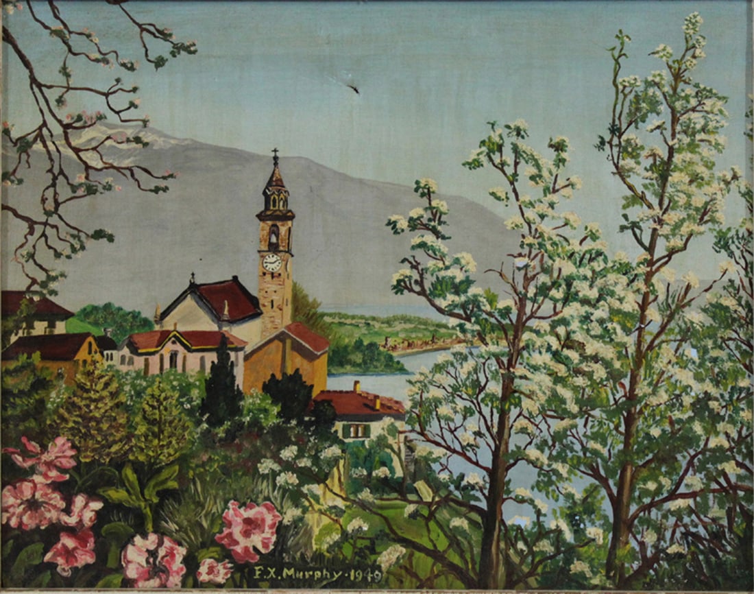 F.X. Murphy (20th Century) - Church Landscape, 1949: F.X. Murphy (20th Century) - Church Landscape, 1949 Charming mid-20th century landscape painting by F.X. Murphy, dated 1949. The composition features a hillside village with a central church tower and