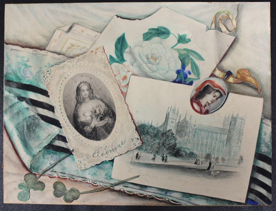 Trompe-l'oeil Watercolor with Victorian Motifs: Trompe-l'oeil Watercolor with Victorian Motifs Finely executed 19th-century watercolor painting in trompe-l'oeil style, featuring a sentimental collage of period ephemera. The composition includes a d