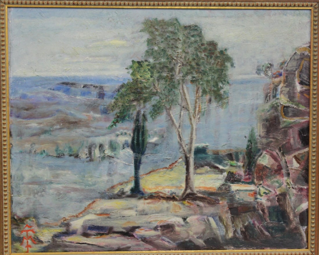 Modernist Coastal Landscape Signed Mtf. Mic?rdo: Title: Modernist Coastal Landscape Signed Mtf. Mic?rdo Bold and expressive oil on board depicting a stylized Mediterranean or coastal landscape with cypress trees, rocky cliffs, and distant sea horizo