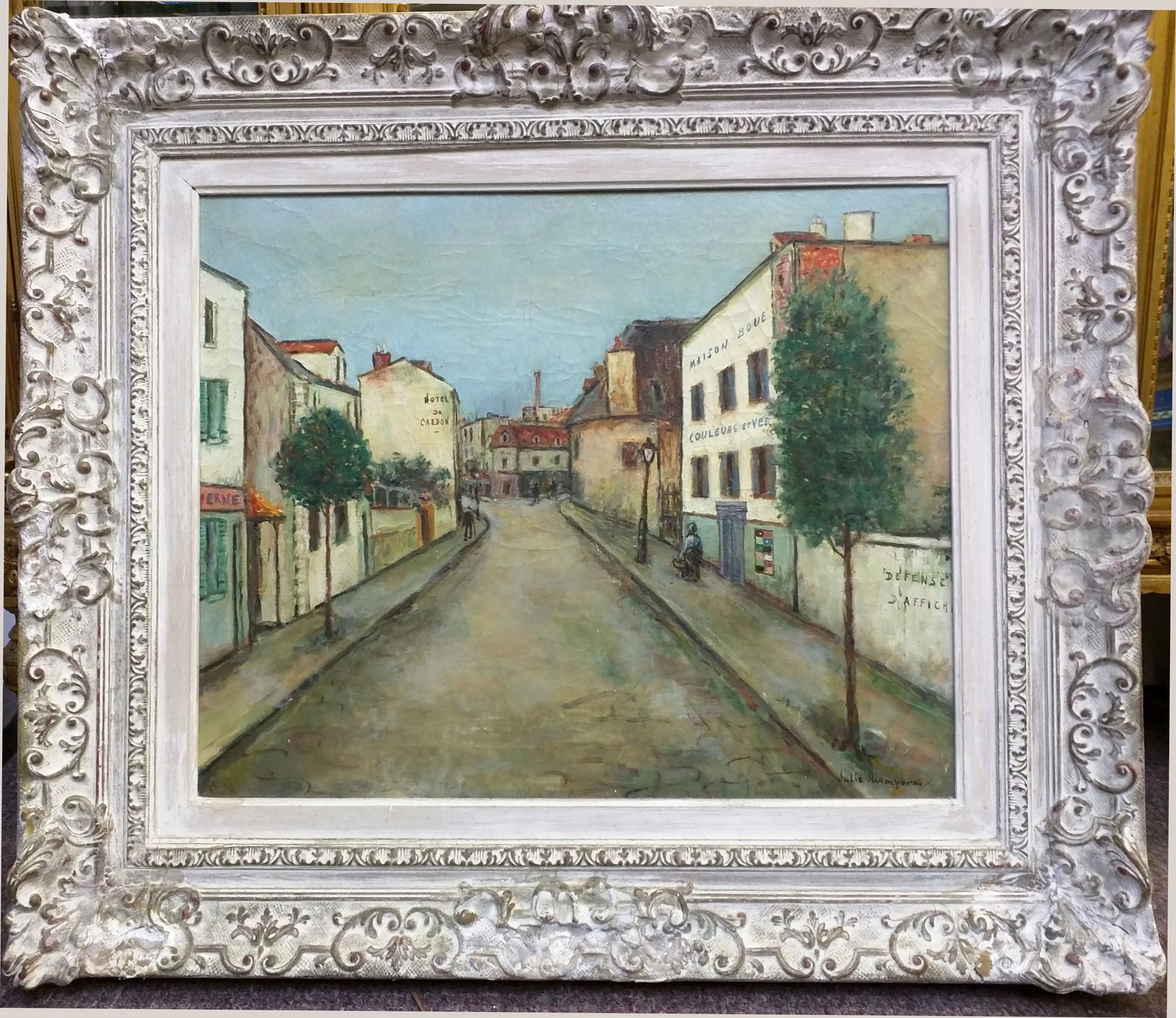 Oil on Canvas Painting by Julie Akampora (20th Century): Oil on Canvas Painting by Julie Akampora (20th Century) View of a Quiet Parisian Street with H?tel du Cabri and Maison Duque, Montmartre Oil on canvas A charming and atmospheric view of a quiet Parisi