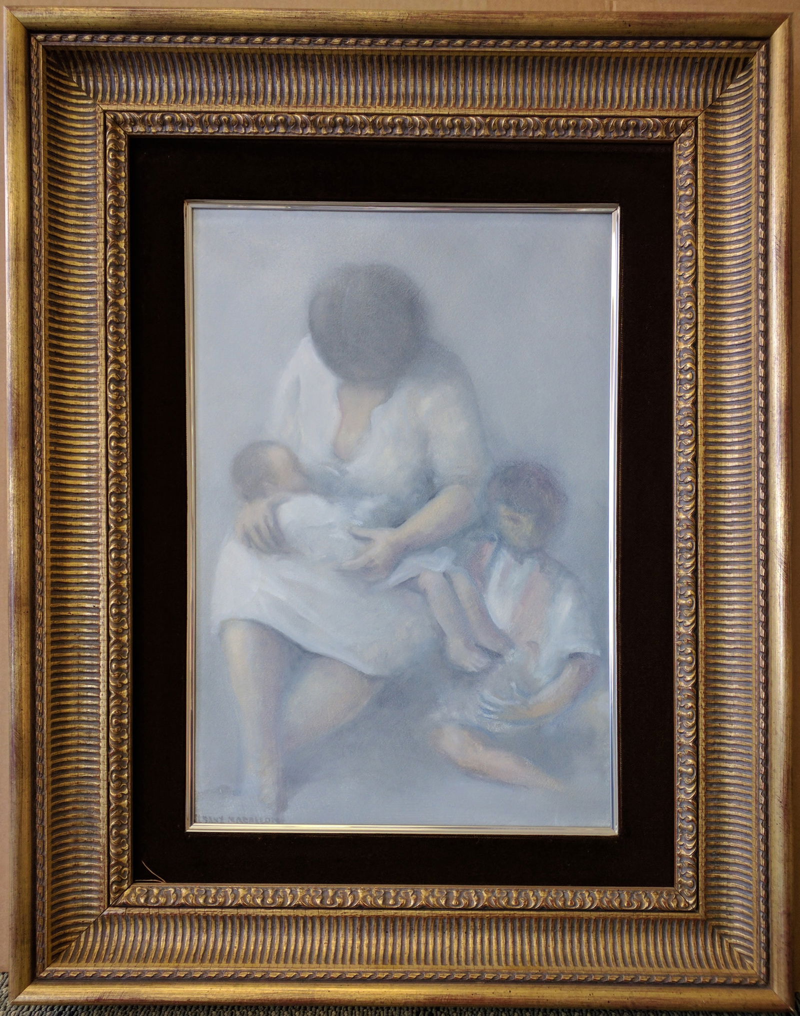 Mother and Children by Isabel Magari?os (Uruguayan, 20th Century): Mother and Children by Isabel Magari?os (Uruguayan, 20th Century) Oil on canvas Signed lower left: Isabel Magari?os A tender, softly rendered composition of a mother breastfeeding an infant while an o