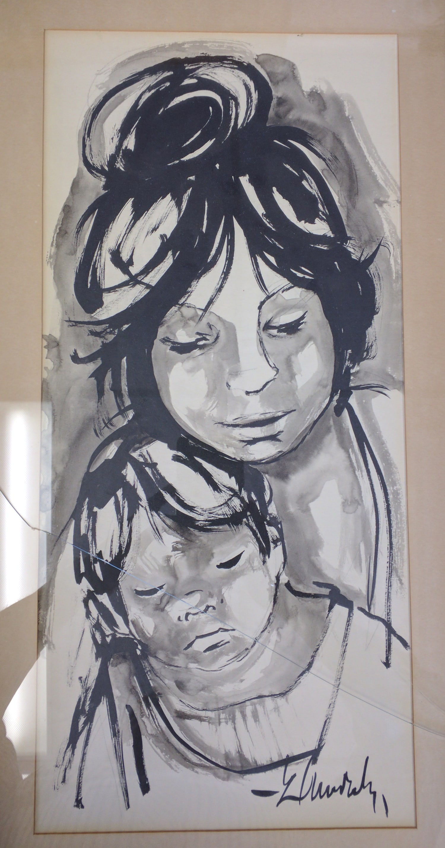 Mother and Child, Signed Lower Right: Mother and Child, Signed Lower Right Ink wash on paper Signed lower right, signature indecipherable Expressive monochrome drawing of a mother holding a child, rendered in bold brushstrokes and fluid i