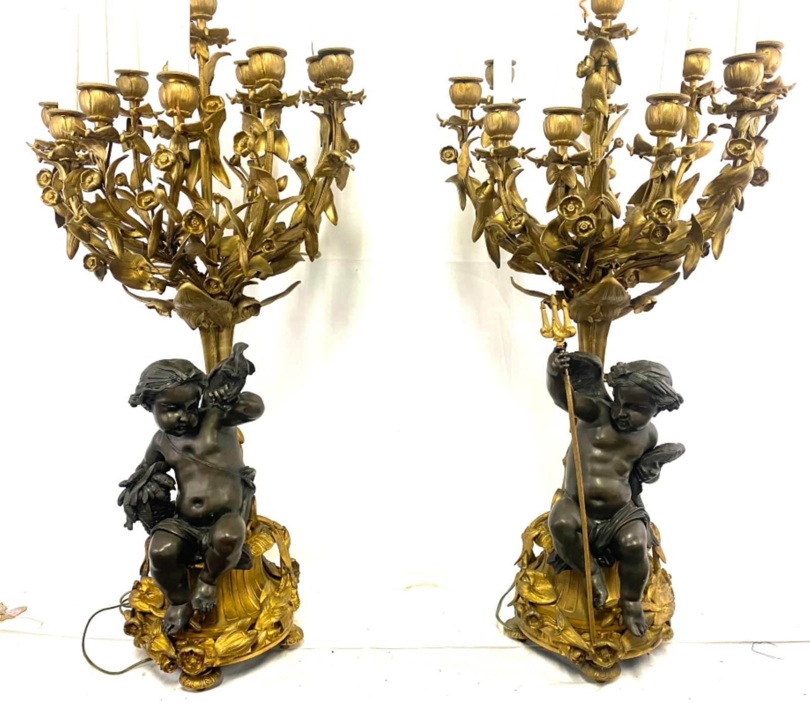 Massive Pair of French Louis XVI Style Gilt and Patinated Bronze Figural Candelabra, 19th Century (1 of 10)