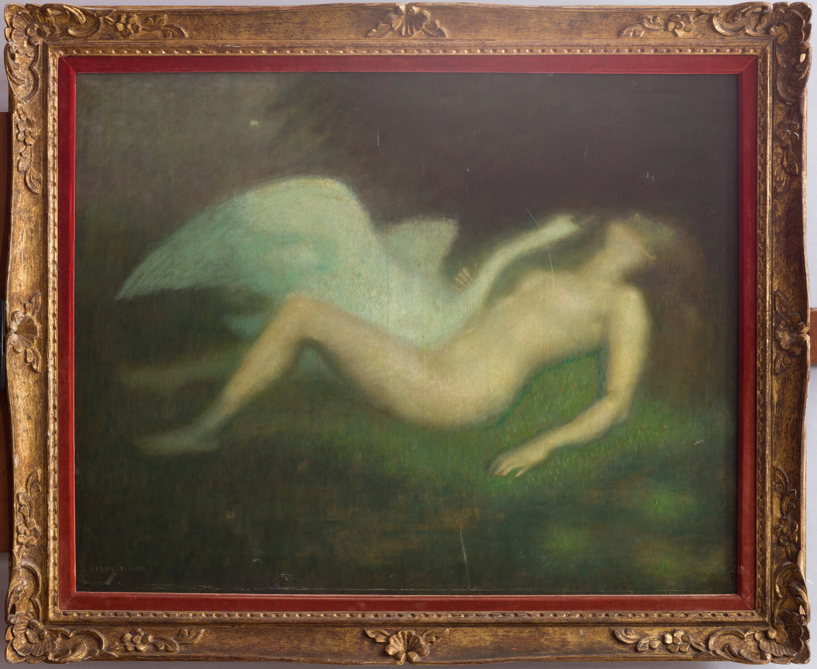 Painting by Louis Picard 19th century French oil on canvas: 19th century French oil on canvas painting by Louis Picard Oil on canvas painting by French artist Louis Picard (active 19th century), depicting a reclining nude female figure being embraced or visite