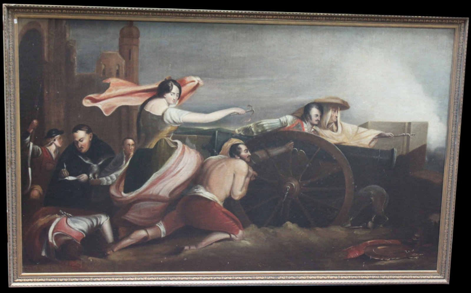 Oil on Canvas Painting by Andrew D. Wattles (American, fl. 1848-1853) Allegorical Historical Scene: Allegorical Historical Scene by Andrew D. Wattles (American, fl. 1848-1853) Large and visually powerful 19th-century oil painting depicting a dramatic historical or allegorical event. At center, a wom