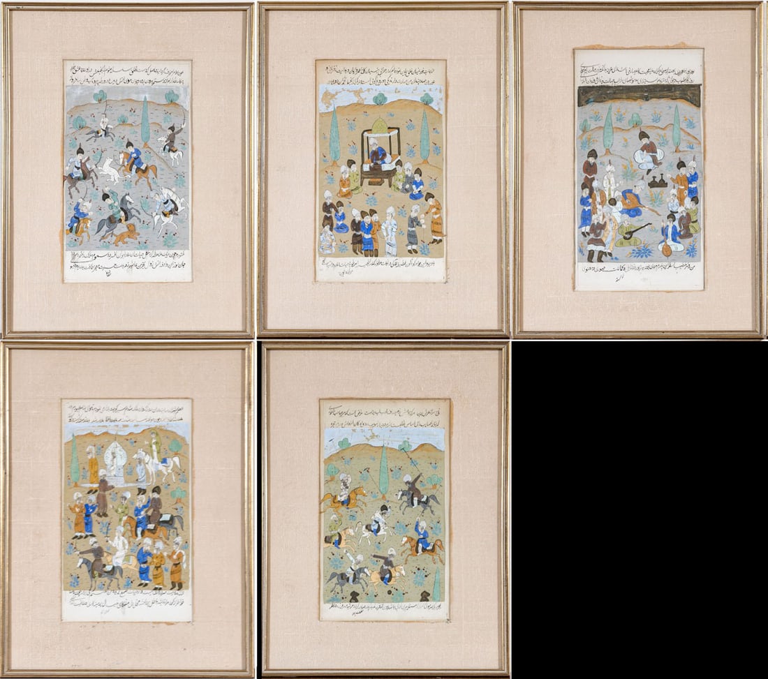 Qajar Revival Style, Set of Five Persian Miniature Paintings Framed: Set of Five Framed Persian Miniature Paintings, Qajar Revival Style A fine group of five hand-painted Persian miniature manuscript illustrations, each framed and matted. Executed in gouache and ink on