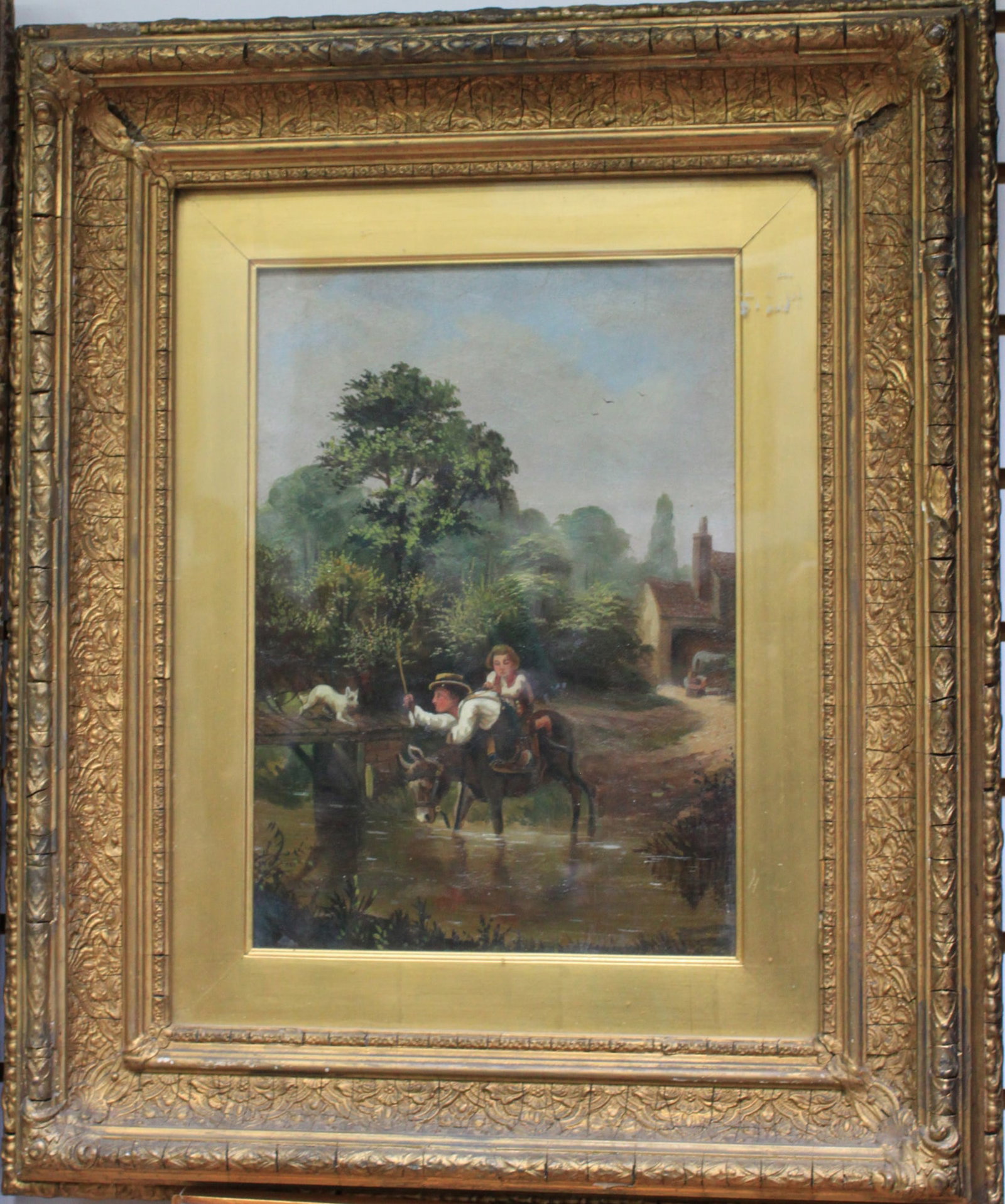 Painting by L. Lewis (English, 19th C. Oil on canvas, signed and dated 1879: "Always In Mischief" by L. Lewis (English, 19th Century) Oil on canvas, signed and dated 1879 on the reverse Charming genre scene depicting two mischievous children riding a donkey through a shallow s