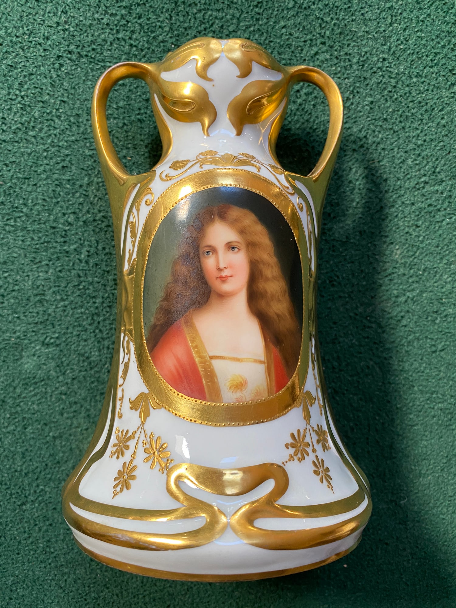 Late 19th Century Royal Vienna Porcelain Cabinet Vase: Late 19th Century Royal Vienna Porcelain Cabinet Vase Hand-painted portrait of a beauty on one side, richly adorned with raised gilt floral and Art Nouveau-style decoration throughout. The reverse fea