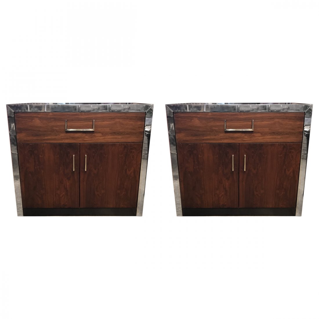 John Stuart Inc. Mid-Century Modern Lacquered And: Grand rAPIDS mICHIGANWalnut-front doors and drawer. Chrome edge and pulls. Black lacquer top and sides. Sold as a set of 2. WIDTH 26.25" DEPTH 16.25" HEIGHT 22" Cabinet: Height 13" Drawer: Height 4" O