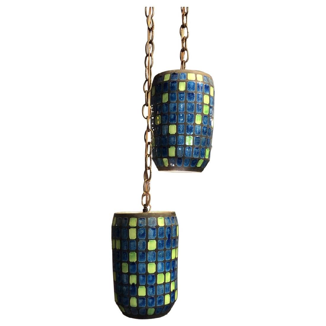 Mid-Century Modern Style Double Hanging Light Late-20th: Add color to your kitchen or dining room with these colorful hanging lamps. Glazed white paint decorates the inside while the exterior features a round lacquered metal canopy. MaterialsCeramic, Lacque