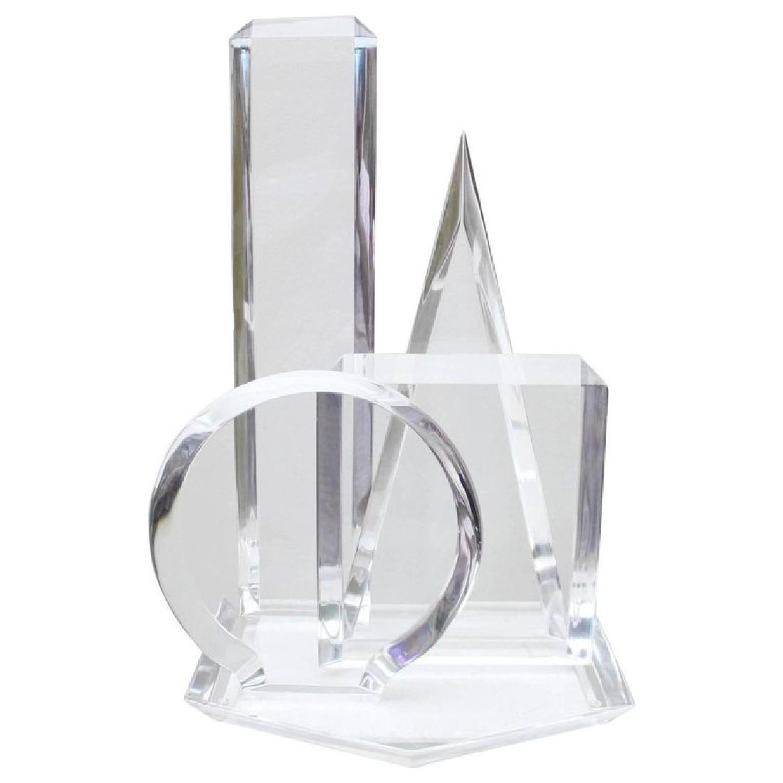 Modern Van Teal Lucite Shape Sculpture: Mid-Century Modern 1963 original Van Teal acrylic Lucite sculpture signed. This sculpture has been molded to show a circle, square, triangle and rectangle. All shapes have beveled properties. The base