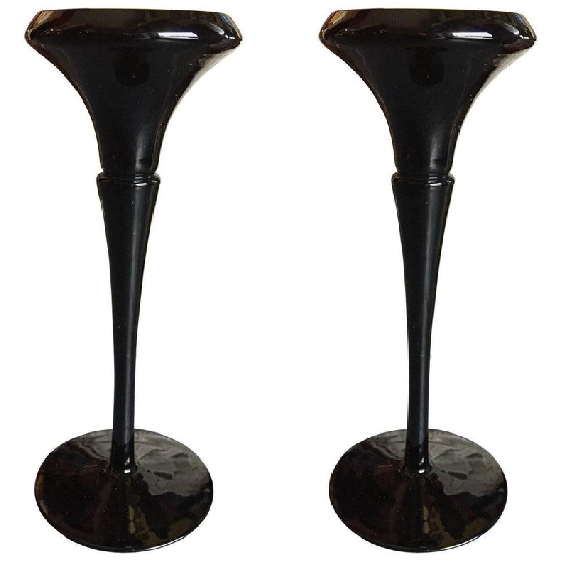 Pair of Black Amethyst Candlesticks: Vintage design style when applied to furniture and home decor means the piece has the depth and soul of a previous era, having been produced from 1940 through the 1990s, lending unique interest when m