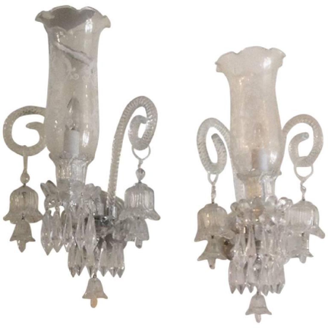 Pair of Bohemian Crystal Sconces: These light fixtures, a fine example from another time yet perfectly suitable for today's interiors, were handmade in the Czech Republic. Each sconce features a beautiful etched glass hurricane shade,