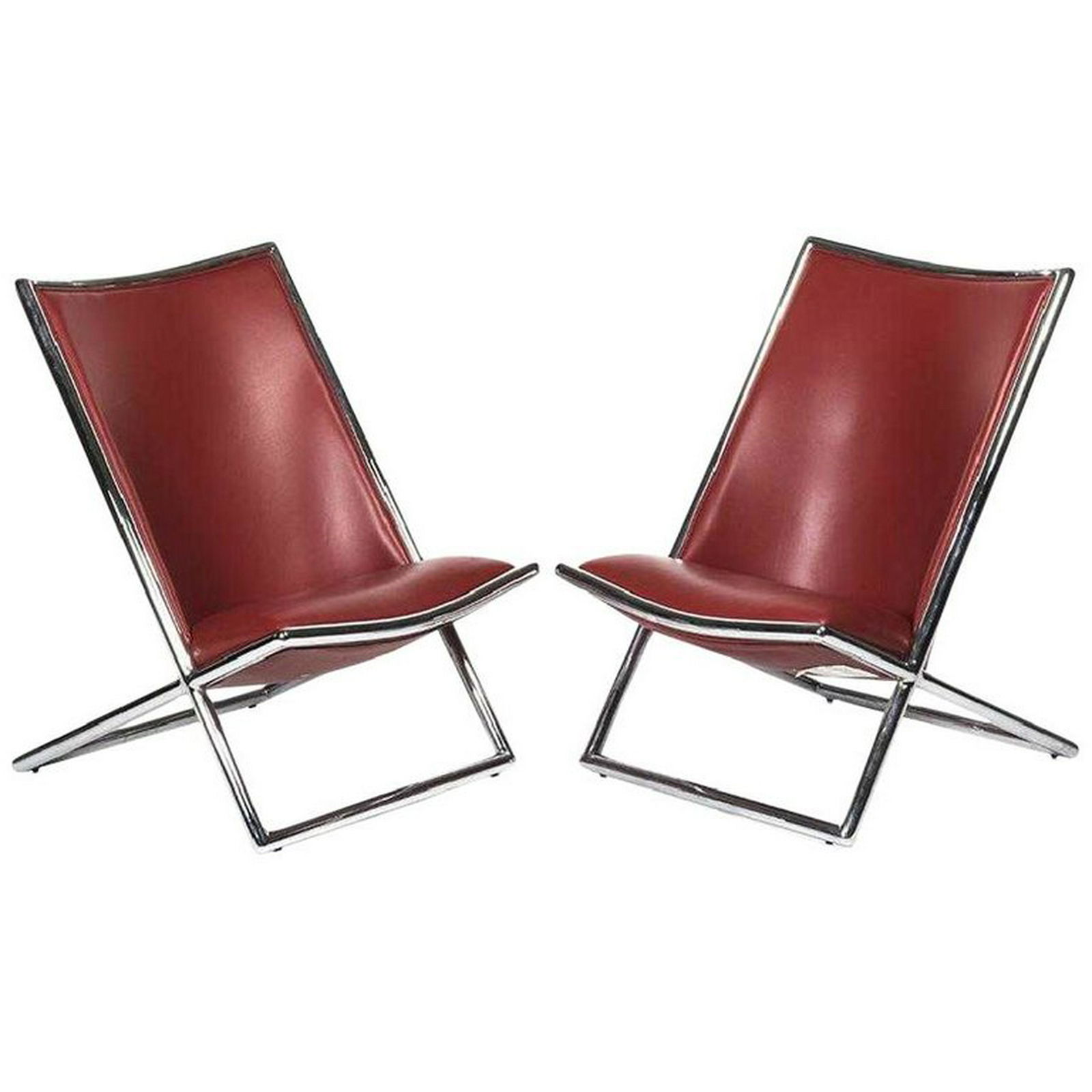 Pair of Ward Bennett Leather Scissor Chairs, Modern: Pair of leather scissor chairs by Ward Bennett for Geiger, 1980s. Pair of leather and chrome scissor Chairs in great condition. This pair offers great comfort with style. Condition: Excellent conditio