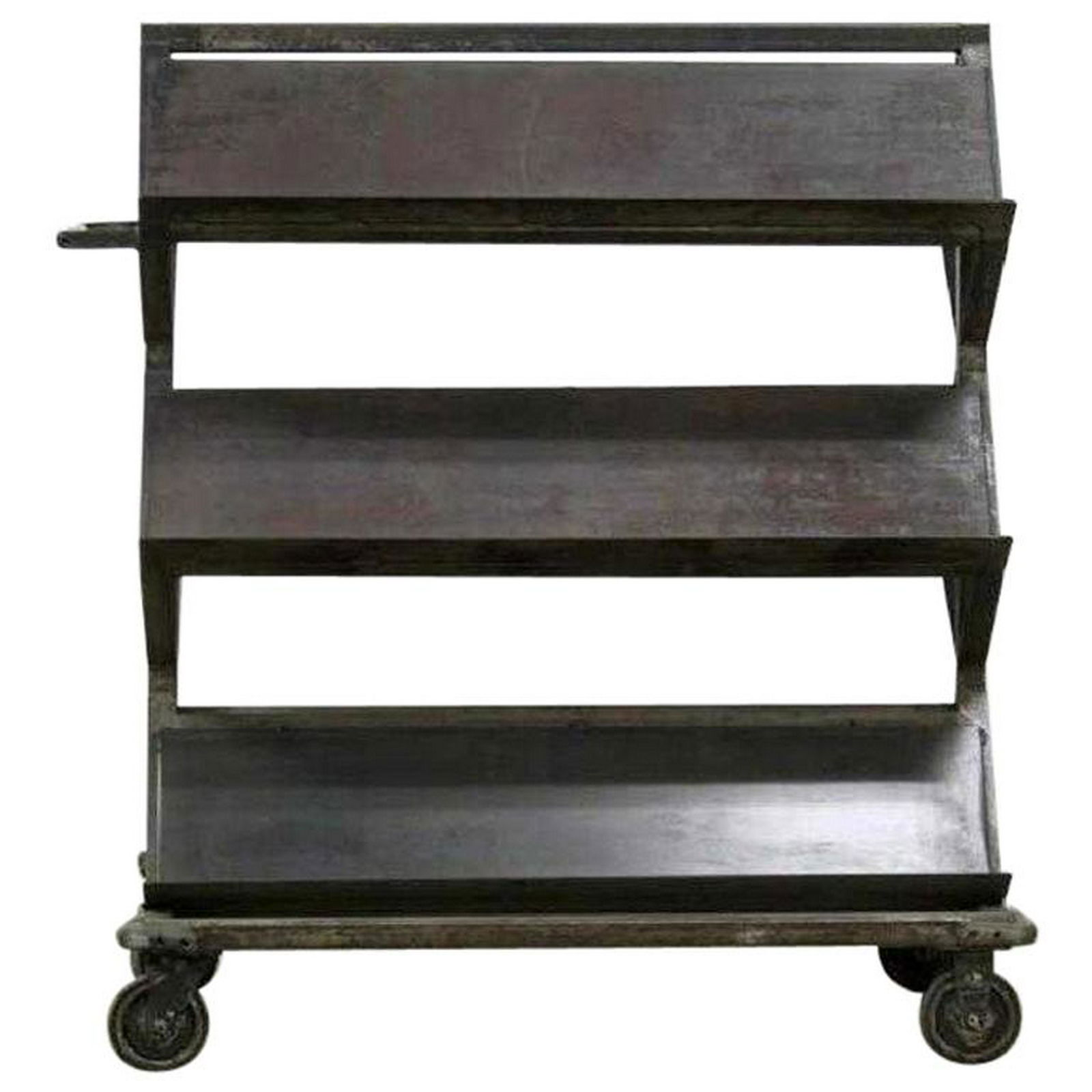 Large Vintage Heavy Metal Industrial Shelve Rolling: Double-sided rolling shelve cart. Ideal for arts, books, plates and other display. On rollers.H 47 in. x W 51.5 in. x D 25 in. H 119.38 cm x W 130.81 cm x D 63.5 cm
